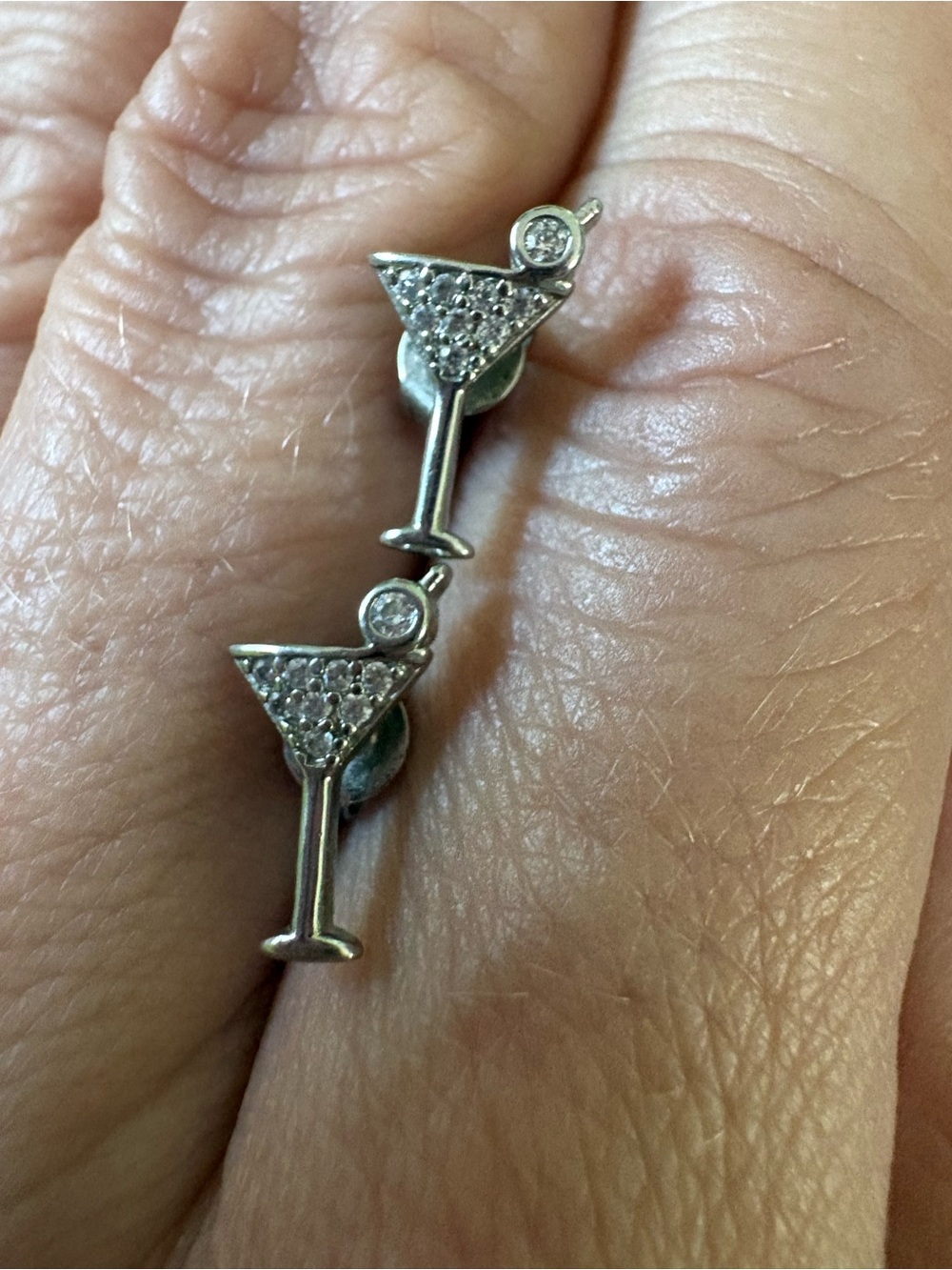Silver Martini Glass Stud Earrings - Clear Crystal Accents